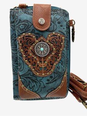 Teal and Brown Tooled Leather Wristlet Clutch with Concho Accent